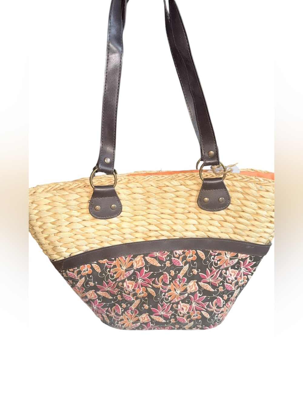 Woven Straw Tote Bag with Floral Panel - Brown Handles